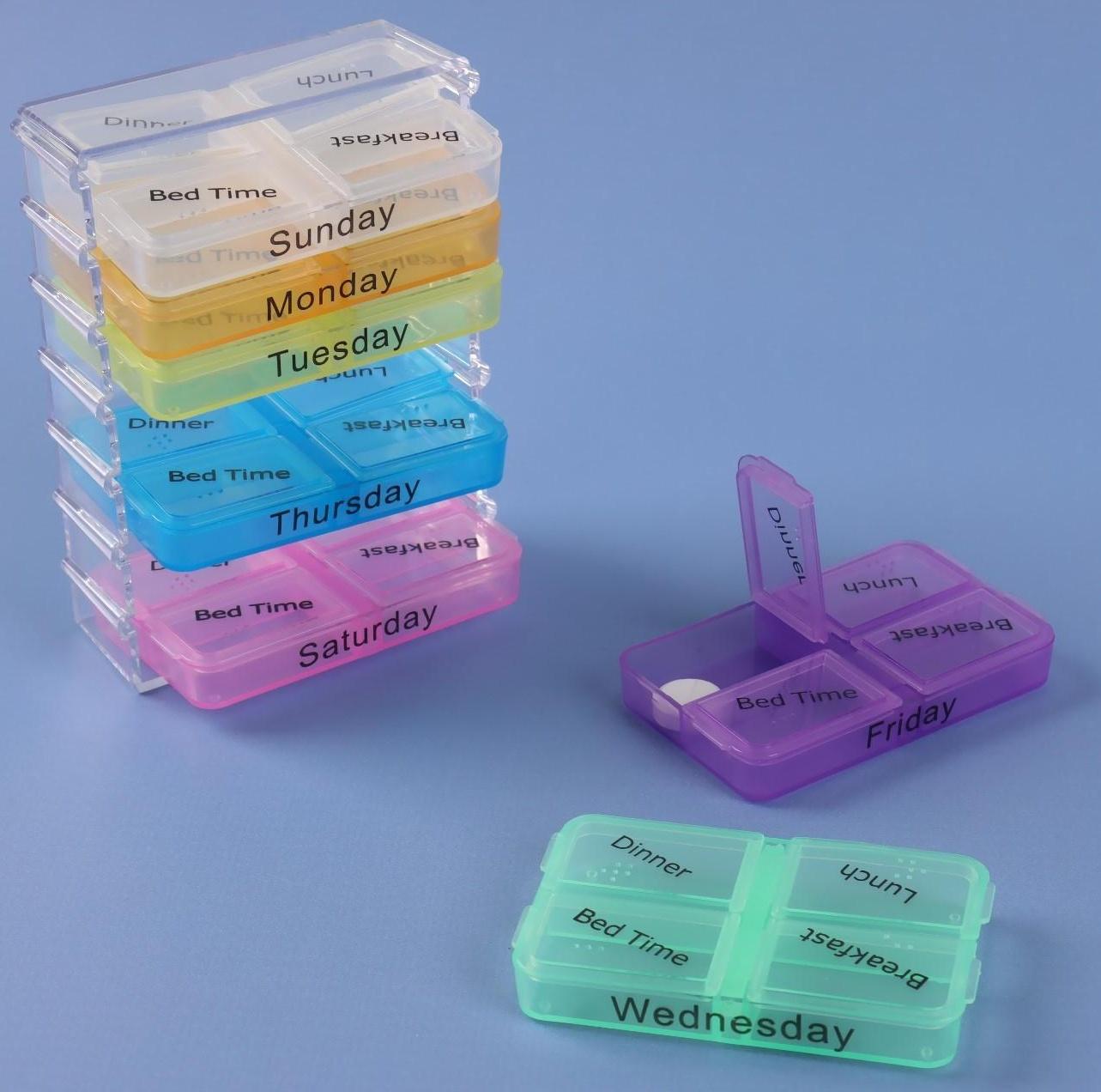 Таблетница-органайзер «Неделька», английские буквы, утро/день/вечер/ночь, 7 контейнеров по 4 секции, разноцветный