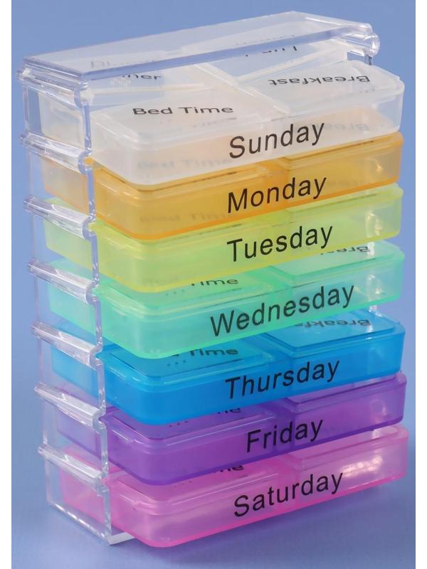 Таблетница-органайзер «Неделька», английские буквы, утро/день/вечер/ночь, 7 контейнеров по 4 секции, разноцветный