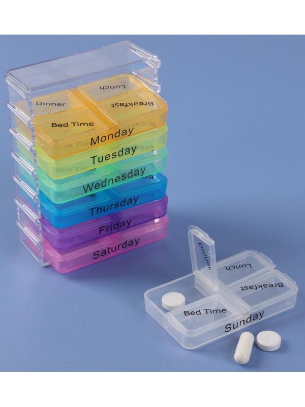 Таблетница-органайзер «Неделька», английские буквы, утро/день/вечер/ночь, 7 контейнеров по 4 секции, разноцветный
