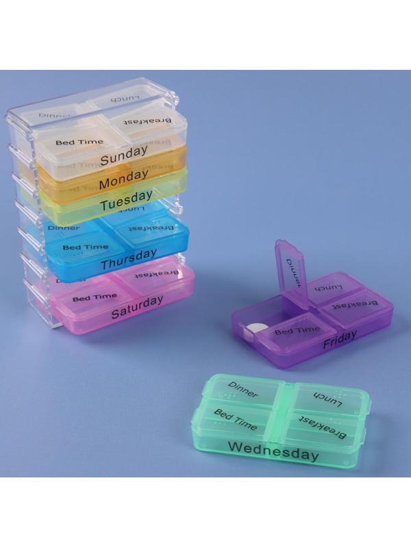 Таблетница-органайзер «Неделька», английские буквы, утро/день/вечер/ночь, 7 контейнеров по 4 секции, разноцветный
