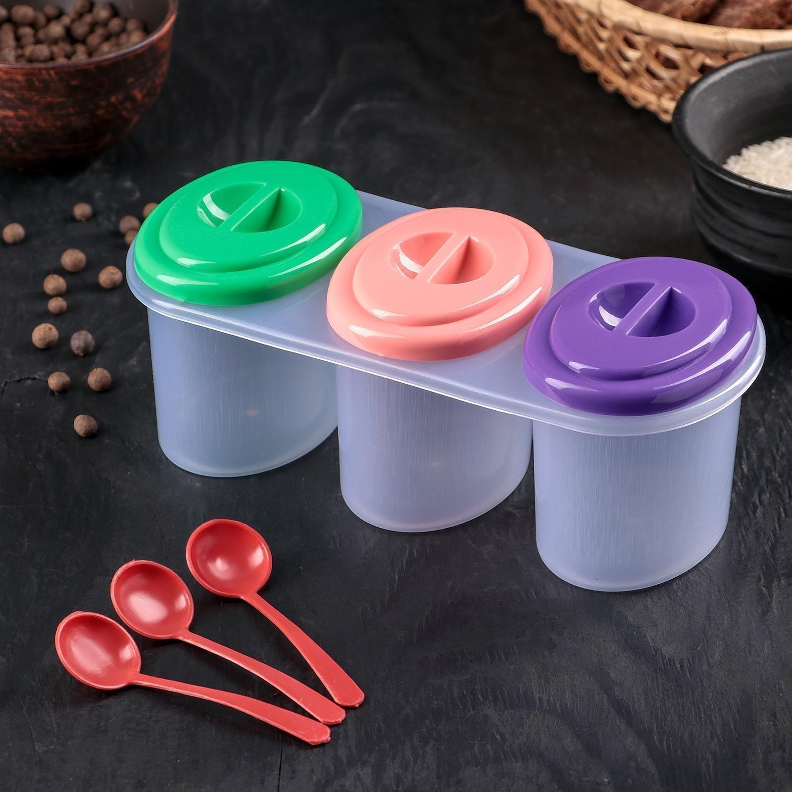 Набор банок для сыпучих продуктов «Комфорт», 3 шт, 21×9,5×8 см, с ложками, цвет МИКС