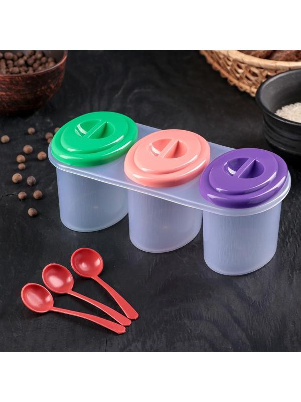 Набор банок для сыпучих продуктов «Комфорт», 3 шт, 21×9,5×8 см, с ложками, цвет МИКС