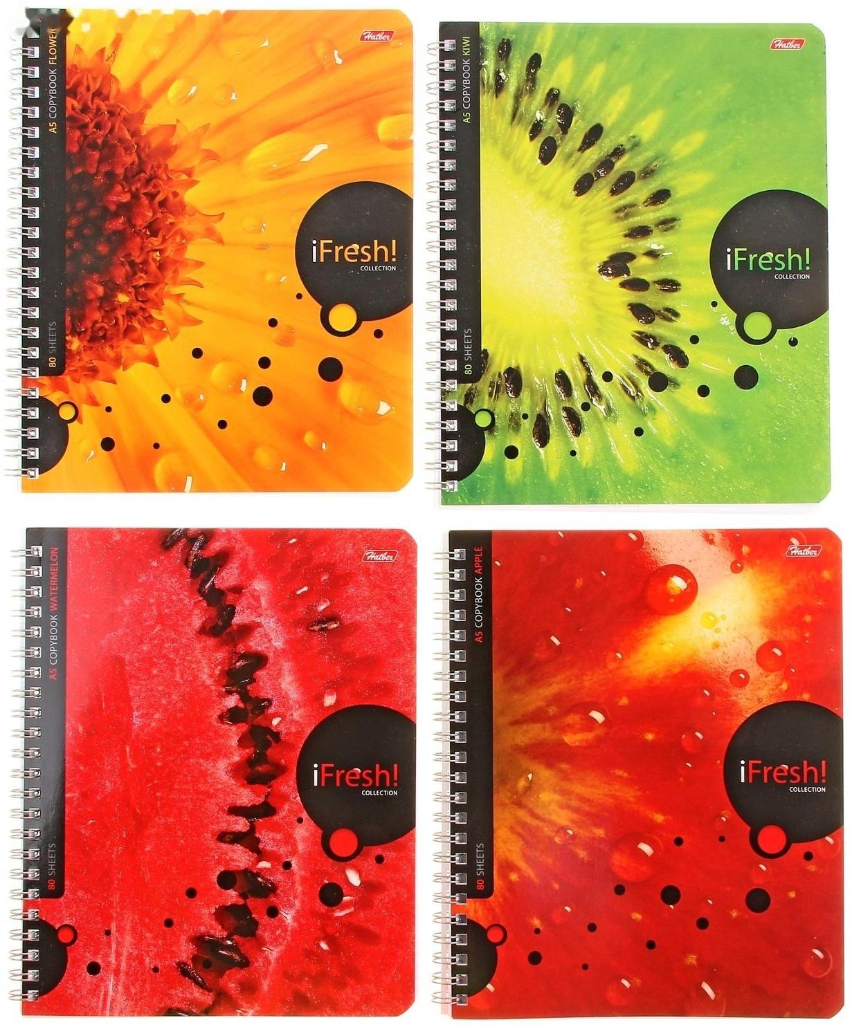 Тетрадь 80 листов, в клетку, на гребне, iFRESH, обложка мелованный картон, блок офсет / Микс 4 шт.