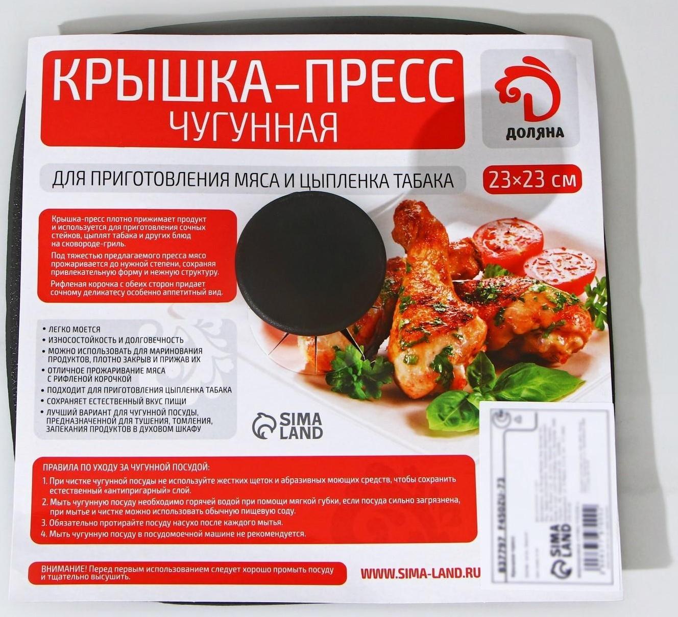 Крышка-пресс чугунная Доляна «Квадрат. Гриль», 23×23 см