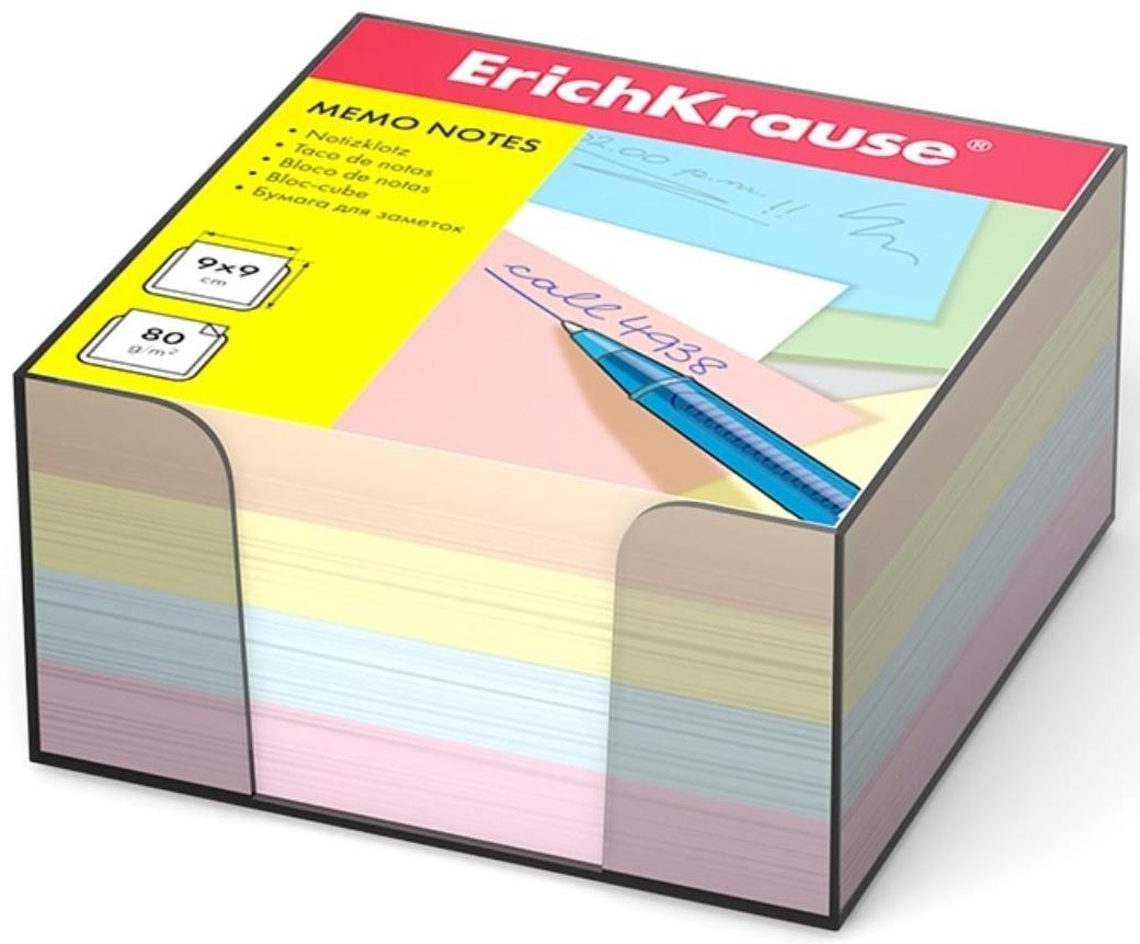 Блок бумаги для записей ErichKrause, 9 x 9 x 5 см, в пластиковом боксе, 80 г/м2, цветной