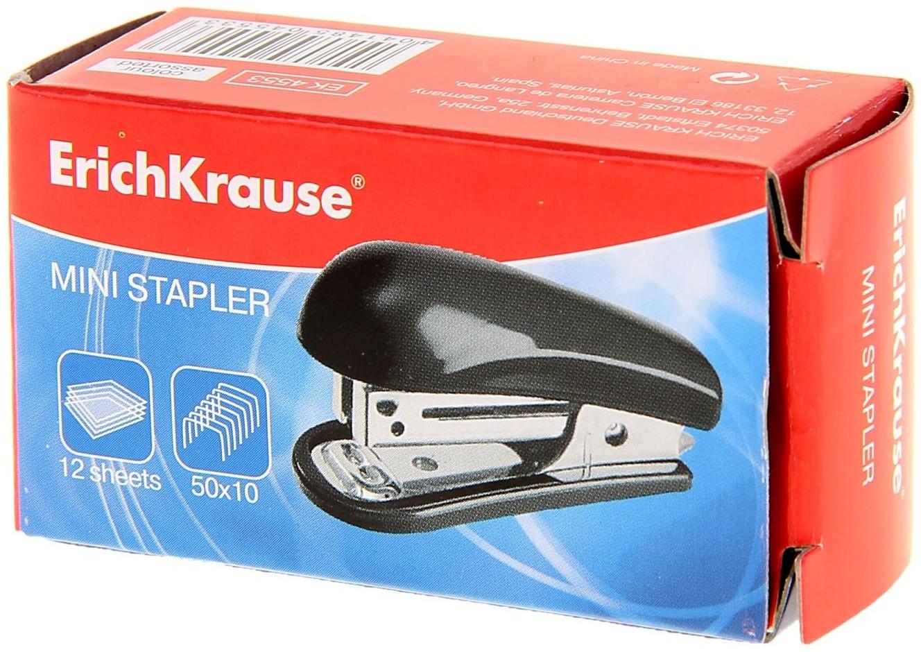 Степлер ErichKrause mini № 10, до 15 листов, встроенный антистеплер, микс