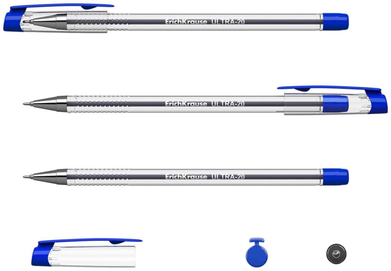 Ручка шариковая ErichKrause ULTRA-20, узел-игла 0.7 мм, чернила синие, длина линии письма 2000 метров