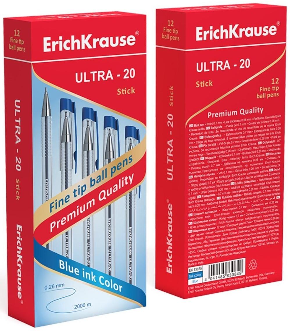 Ручка шариковая ErichKrause ULTRA-20, узел-игла 0.7 мм, чернила синие, длина линии письма 2000 метров
