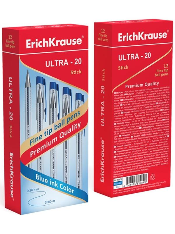 Ручка шариковая ErichKrause ULTRA-20, узел-игла 0.7 мм, чернила синие, длина линии письма 2000 метров