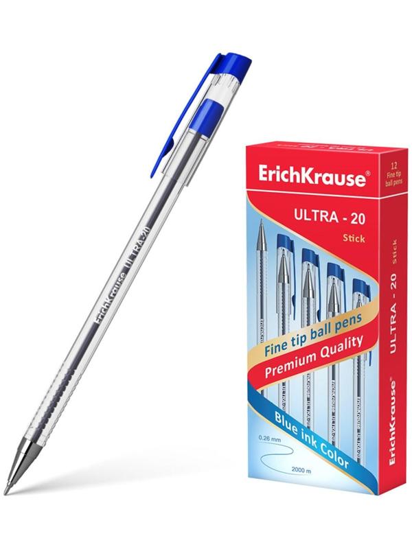 Ручка шариковая ErichKrause ULTRA-20, узел-игла 0.7 мм, чернила синие, длина линии письма 2000 метров