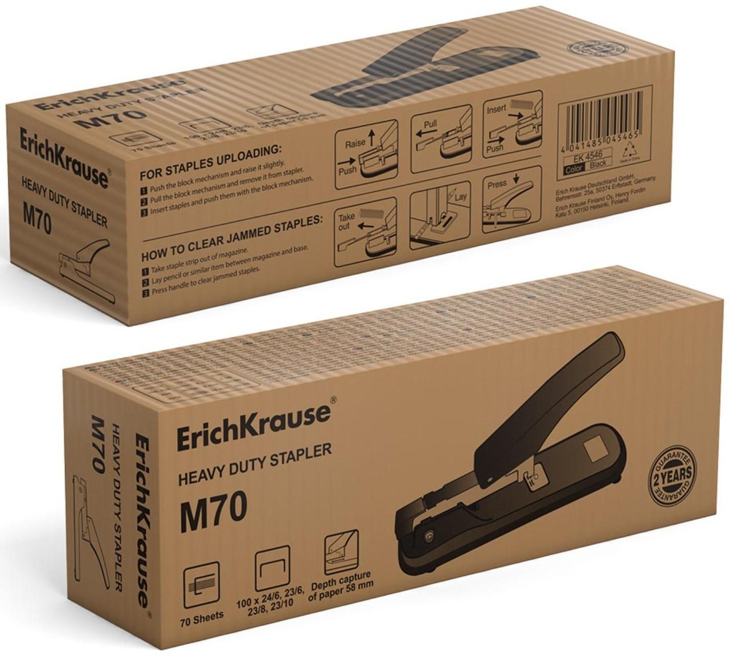 Степлер мощный, до 70 листов, ErichKrause, скобы №24/6, 23/6, 23/8, 23/10, вмещает до 100 скоб, чёрный