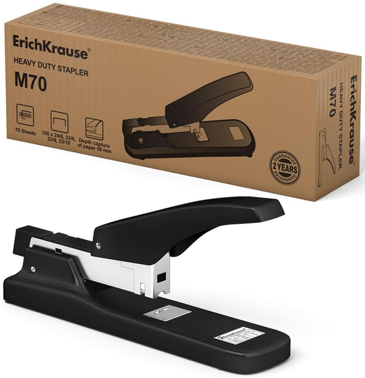 Степлер мощный, до 70 листов, ErichKrause, скобы №24/6, 23/6, 23/8, 23/10, вмещает до 100 скоб, чёрный