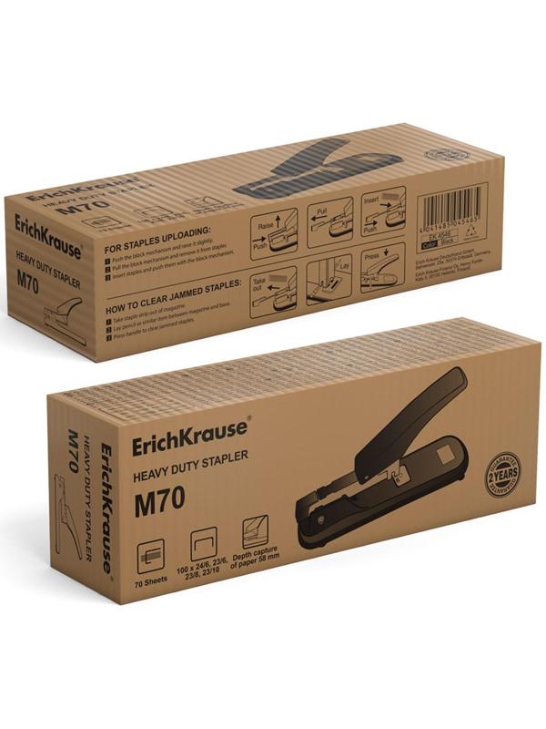 Степлер мощный, до 70 листов, ErichKrause, скобы №24/6, 23/6, 23/8, 23/10, вмещает до 100 скоб, чёрный