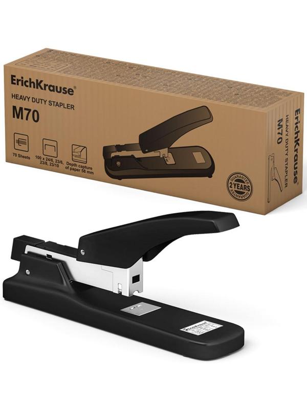 Степлер мощный, до 70 листов, ErichKrause, скобы №24/6, 23/6, 23/8, 23/10, вмещает до 100 скоб, чёрный