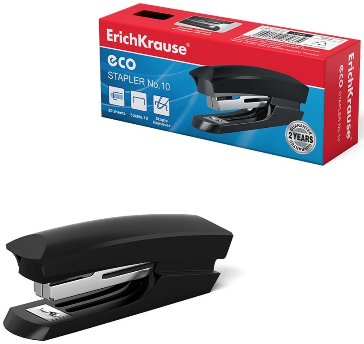 Степлер ErichKrause ECO № 10, до 20 листов, компактный, встроенный антистеплер, чёрный