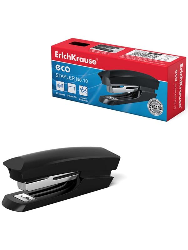 Степлер ErichKrause ECO № 10, до 20 листов, компактный, встроенный антистеплер, чёрный