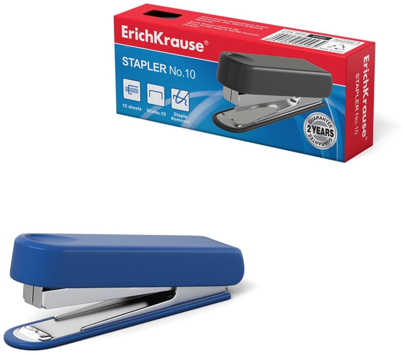 Степлер ErichKrause № 10, до 15 листов, встроенный антистеплер, вмещает до 50 скоб, глубина закладки бумаги до 51 мм, микс