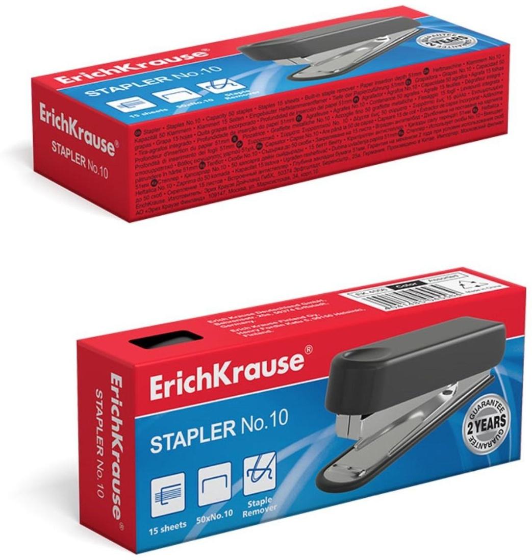 Степлер ErichKrause № 10, до 15 листов, встроенный антистеплер, вмещает до 50 скоб, глубина закладки бумаги до 51 мм, микс