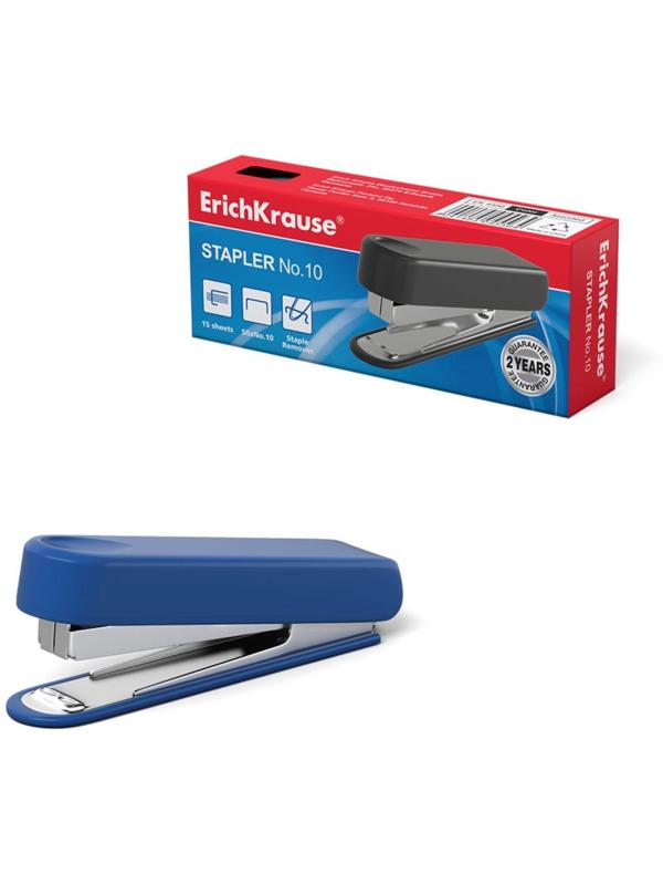 Степлер ErichKrause № 10, до 15 листов, встроенный антистеплер, вмещает до 50 скоб, глубина закладки бумаги до 51 мм, микс