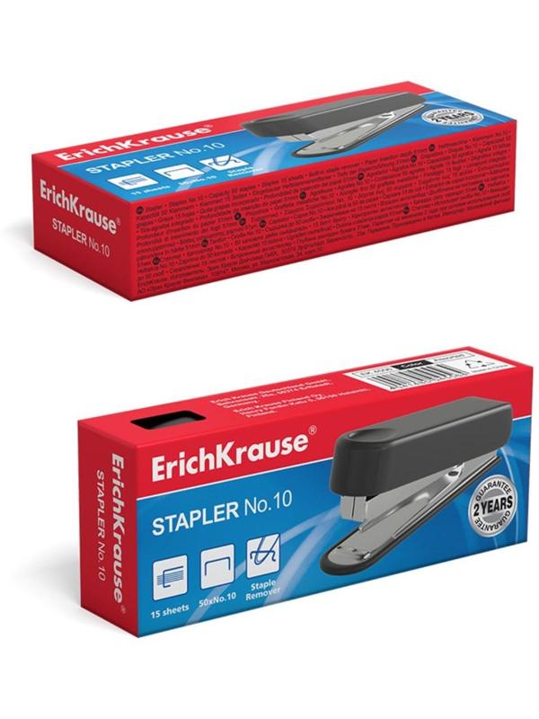 Степлер ErichKrause № 10, до 15 листов, встроенный антистеплер, вмещает до 50 скоб, глубина закладки бумаги до 51 мм, микс