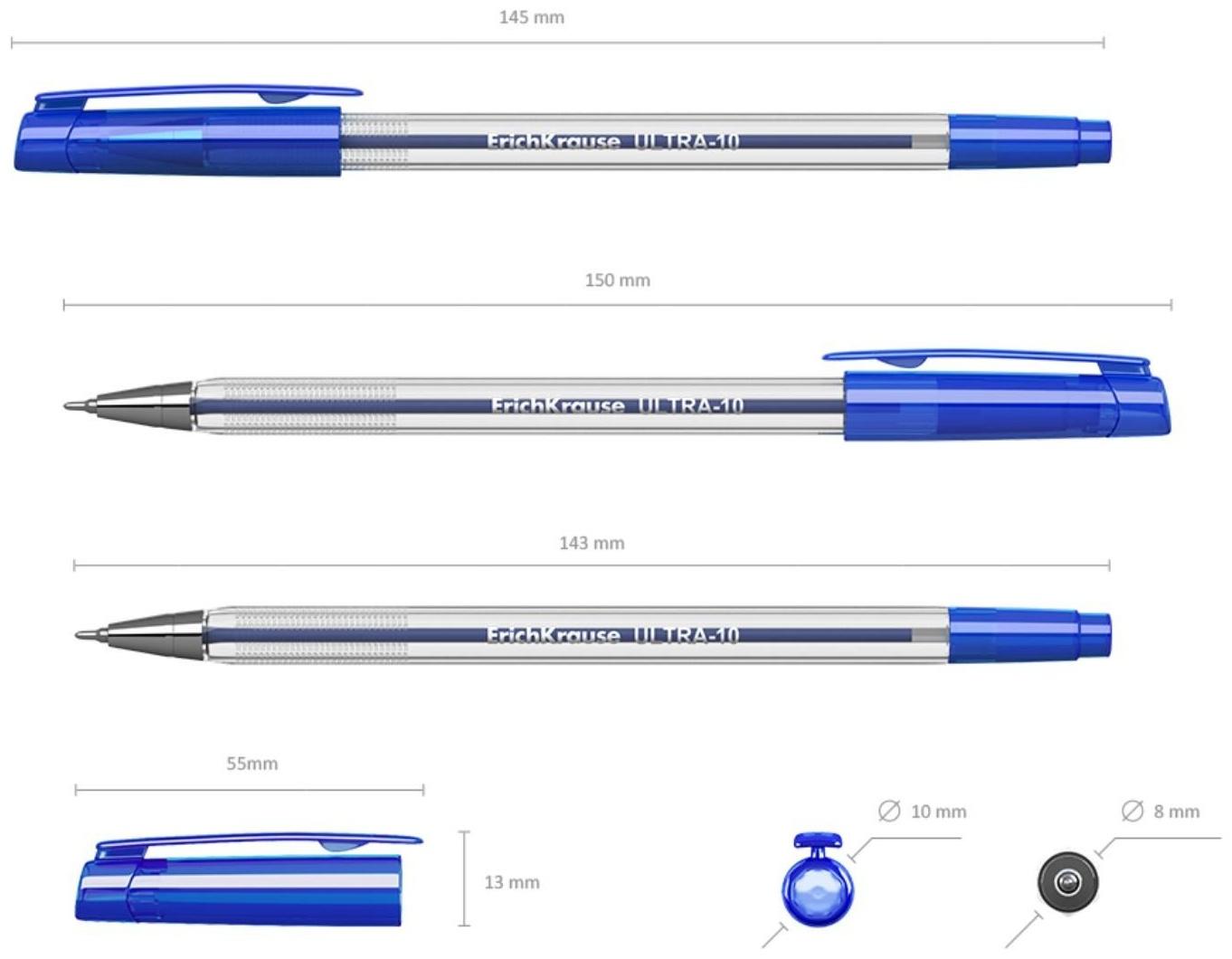 Ручка шариковая Erich Krause ULTRA-10, узел-игла 0.7 мм, толщина линии 0,26 мм, чернила синие, длина линии письма 2000 метров