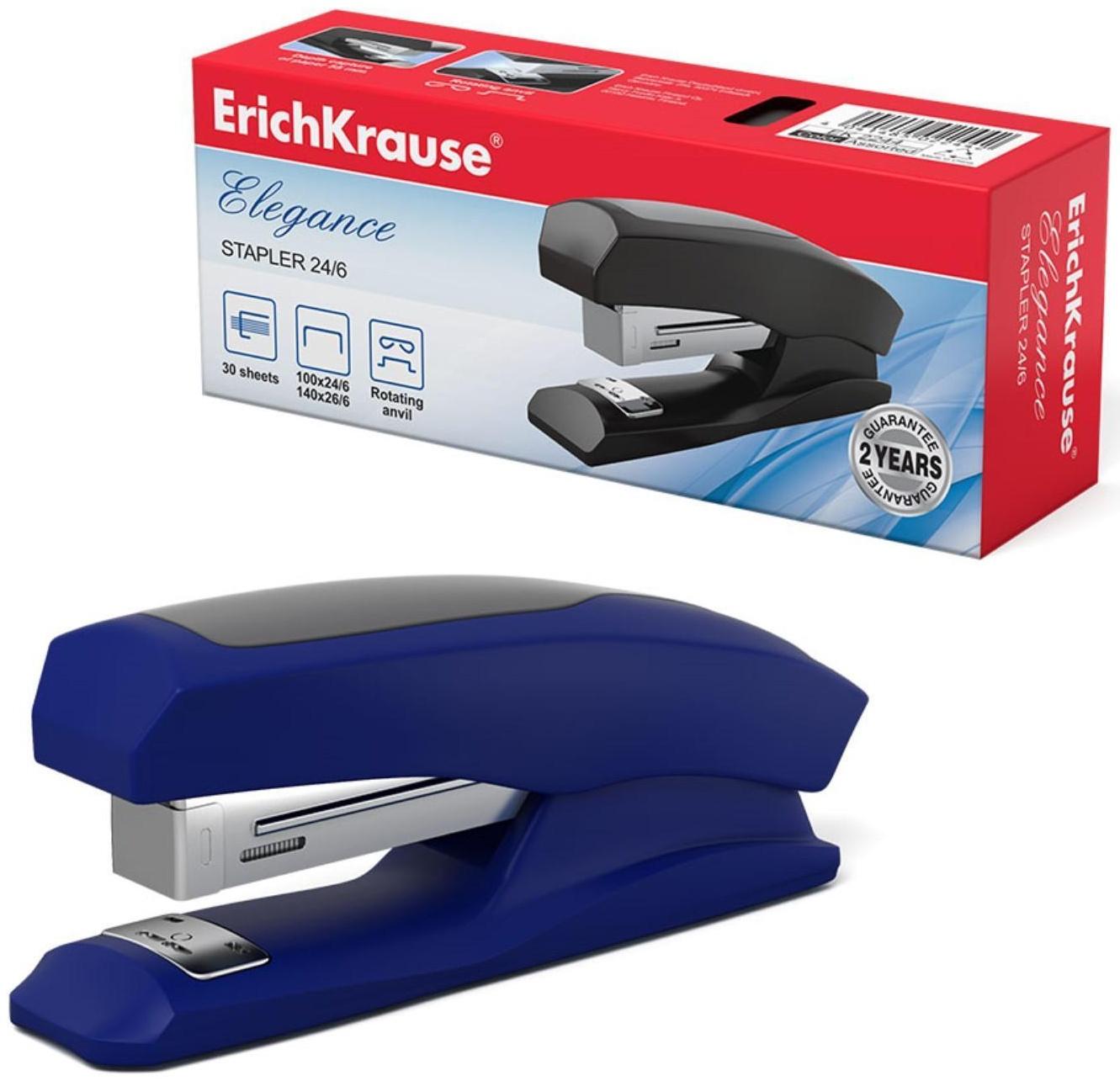 Степлер №24/6, 26/6 до 30 листов ErichKrause Elegance Half-strip, вмещает до 100 скоб, глубина закладки бумаги до 55мм, микс