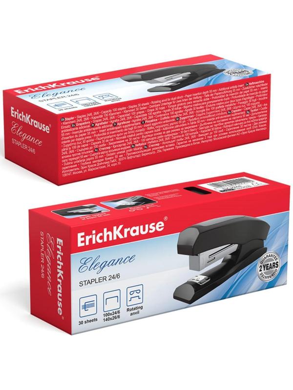 Степлер №24/6, 26/6 до 30 листов ErichKrause Elegance Half-strip, вмещает до 100 скоб, глубина закладки бумаги до 55мм, микс