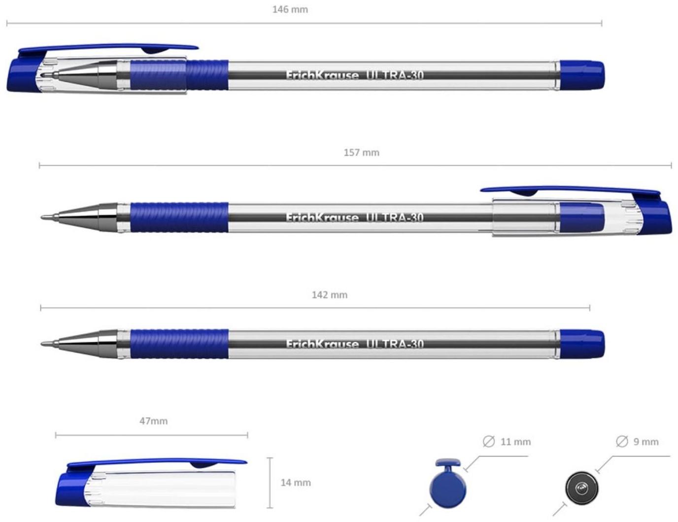 Ручка шариковая ErichKrause ULTRA-30, узел-игла 0.7 мм, чернила синие, резиновый упор, длина линии письма 2000 метров