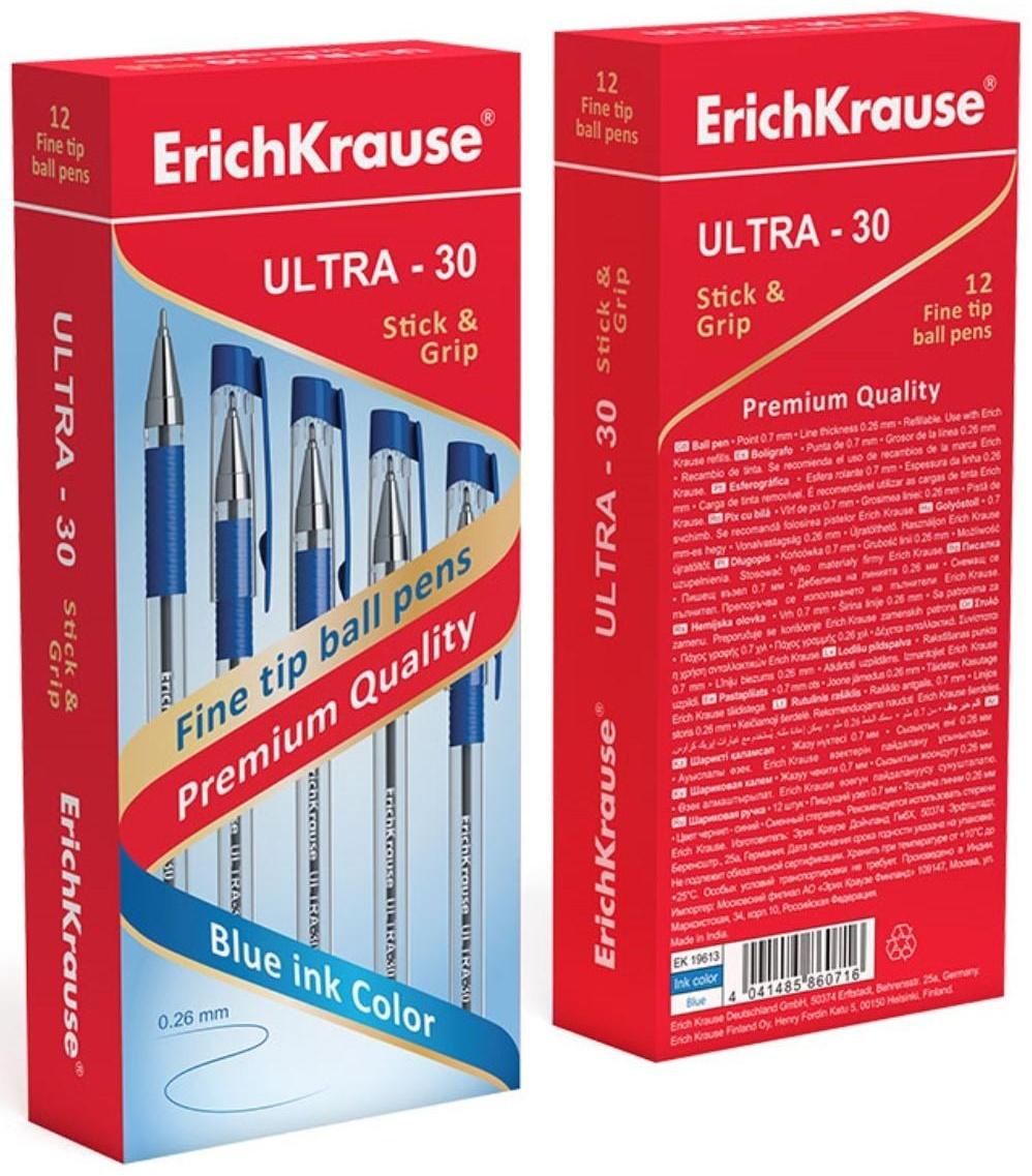 Ручка шариковая ErichKrause ULTRA-30, узел-игла 0.7 мм, чернила синие, резиновый упор, длина линии письма 2000 метров