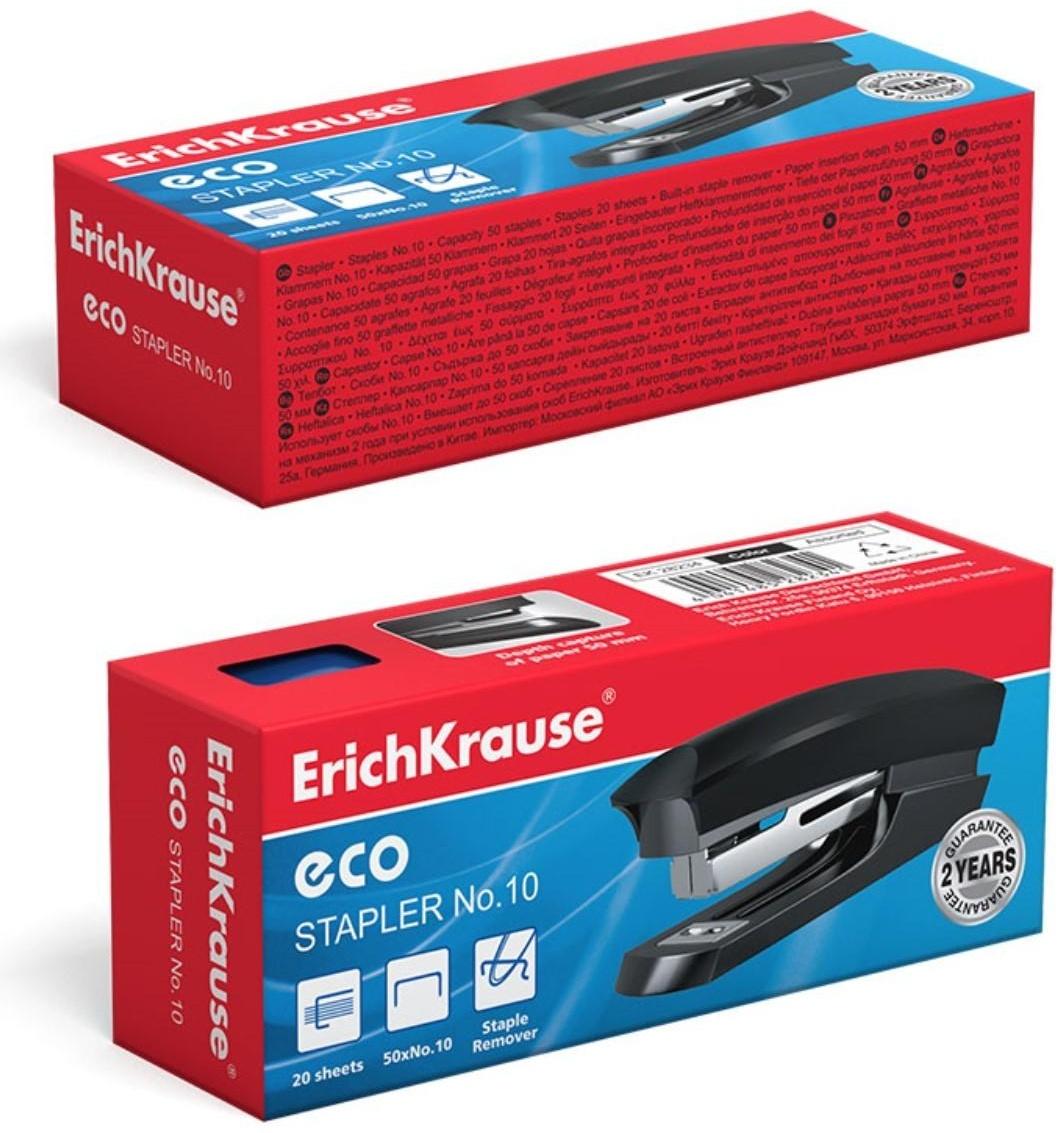 Степлер ErichKrause ECO № 10, до 20 листов, встроенный антистеплер, микс