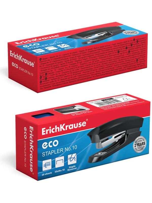 Степлер ErichKrause ECO № 10, до 20 листов, встроенный антистеплер, микс