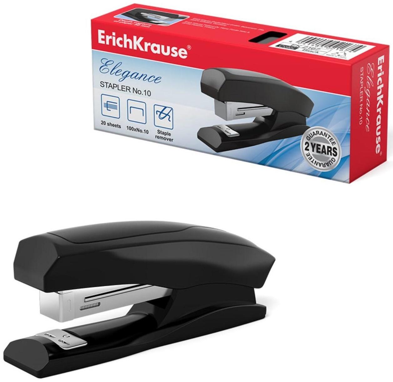 Степлер ErichKrause Elegance № 10, до 20 листов, встроенный антистеплер, чёрный