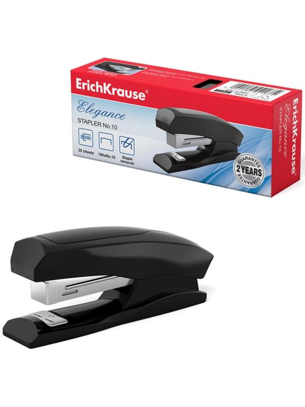 Степлер ErichKrause Elegance № 10, до 20 листов, встроенный антистеплер, чёрный