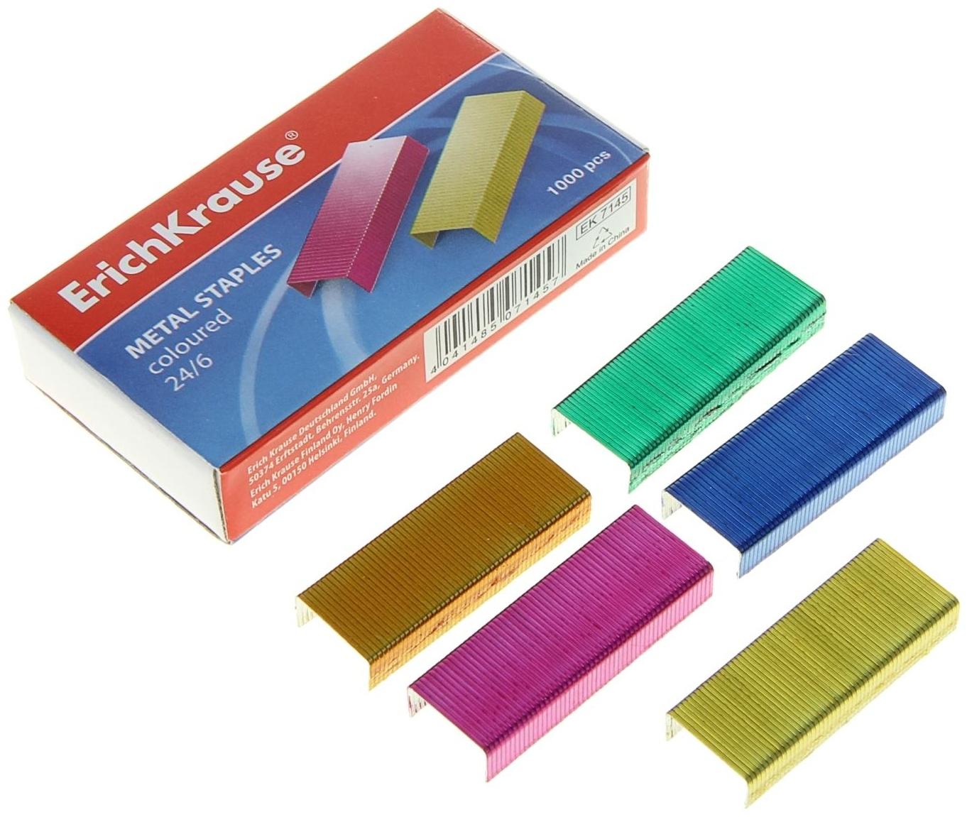 Скобы для степлера ErichKrause №24/6, цветные, 1000 штук