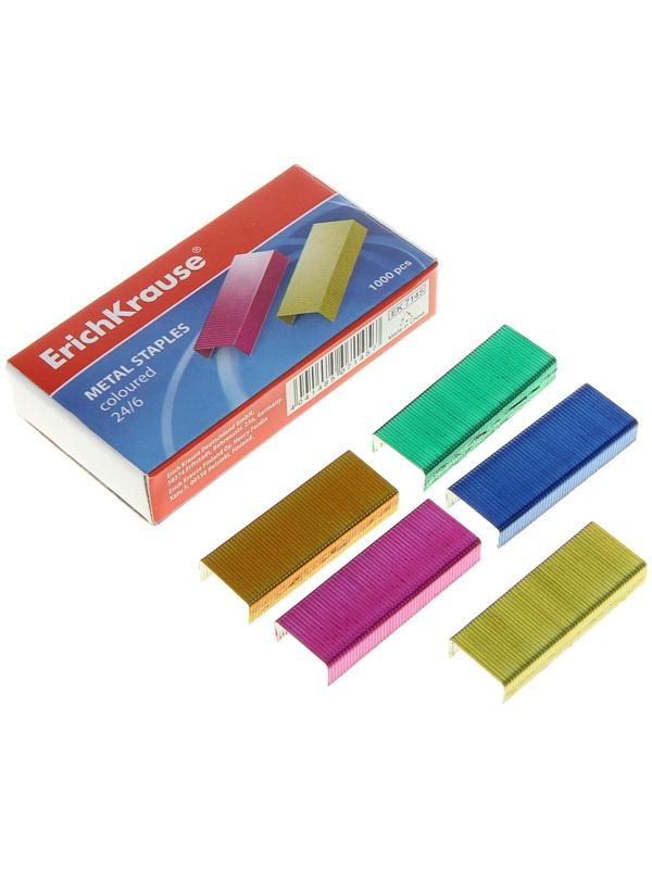 Скобы для степлера ErichKrause №24/6, цветные, 1000 штук