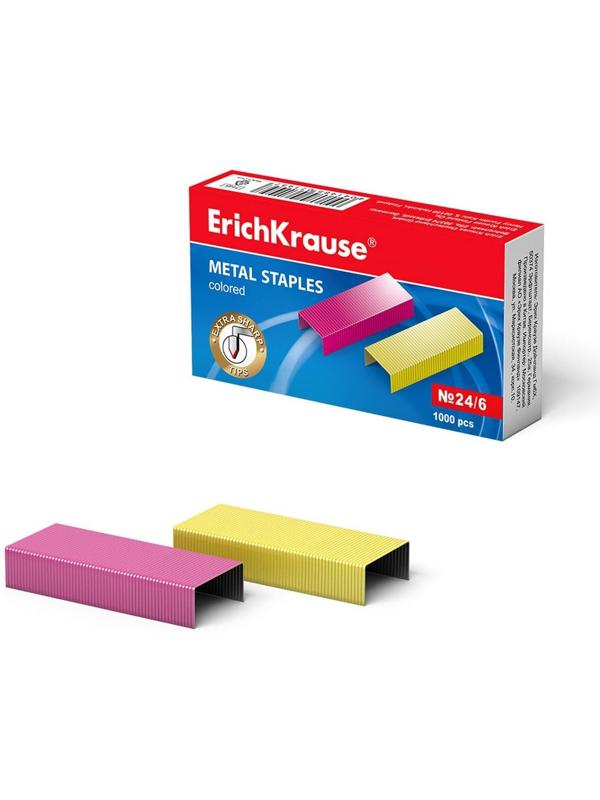 Скобы для степлера ErichKrause №24/6, цветные, 1000 штук
