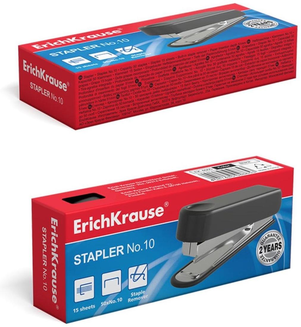 Степлер ErichKrause № 10, до 15 листов, встроенный антистеплер, чёрный