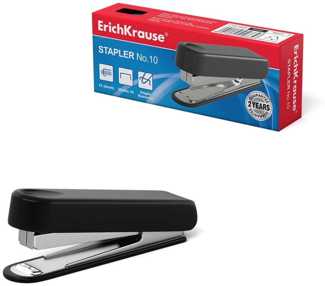 Степлер ErichKrause № 10, до 15 листов, встроенный антистеплер, чёрный