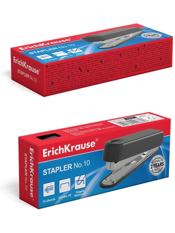 Степлер ErichKrause № 10, до 15 листов, встроенный антистеплер, чёрный