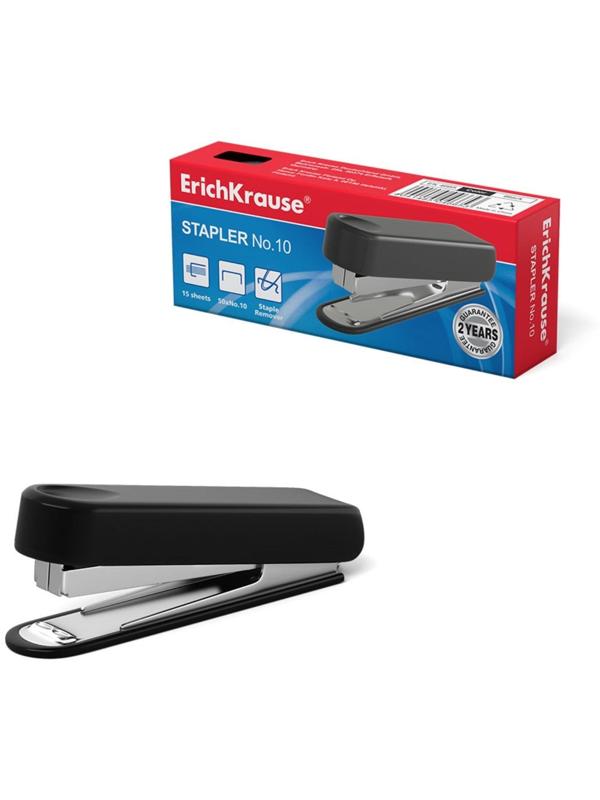 Степлер ErichKrause № 10, до 15 листов, встроенный антистеплер, чёрный
