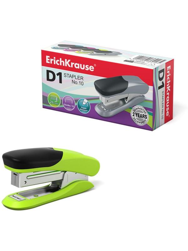 Степлер ErichKrause D1 № 10, до 20 листов, встроенный антистеплер, микс