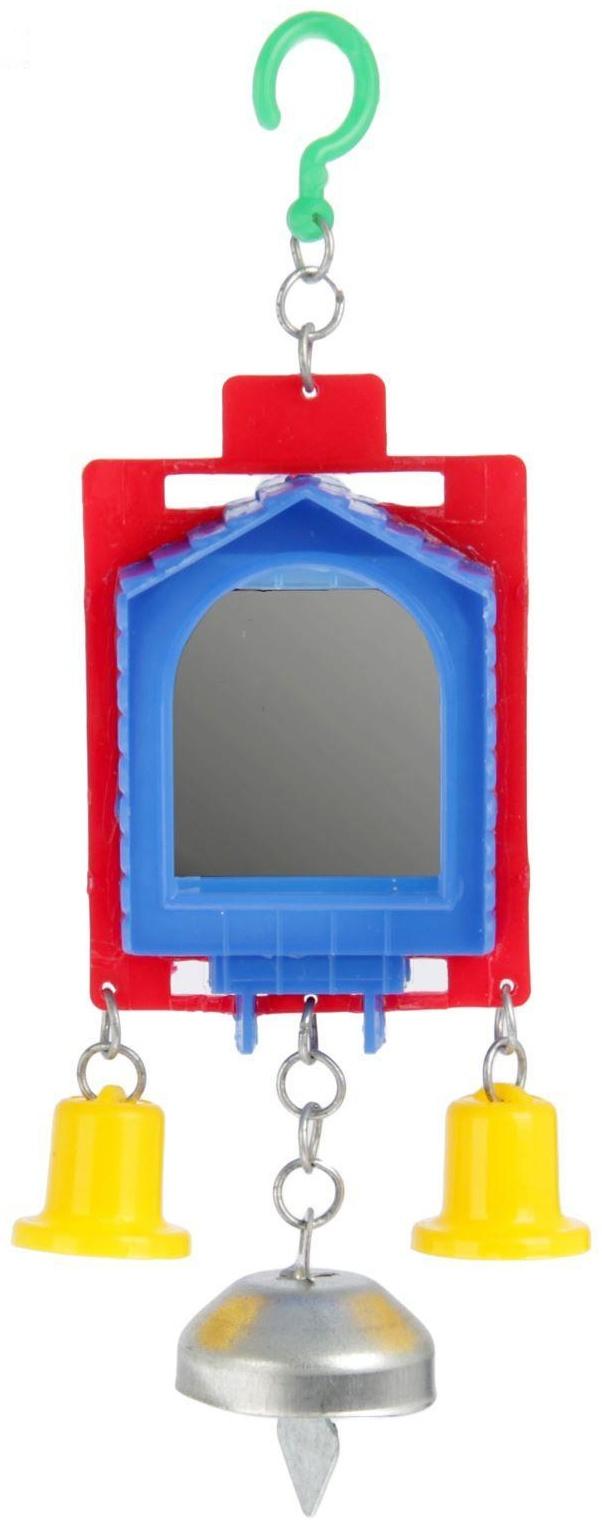 Игрушка для птиц зеркало двойное с металлическим и пластиковыми колокольчиками №2,  микс