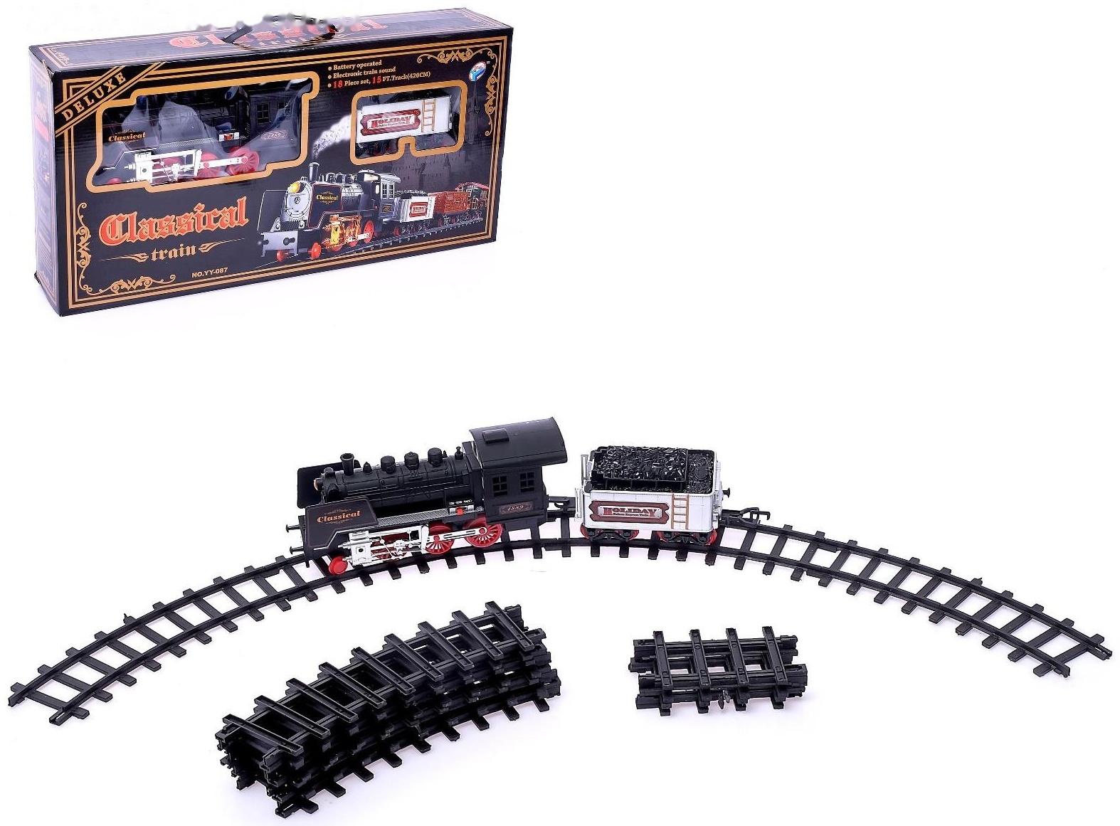 Железная дорога «Классический паровоз», 18 деталей, световые и звуковые эффекты, с дымом, работает от батареек, длина пути 420 см
