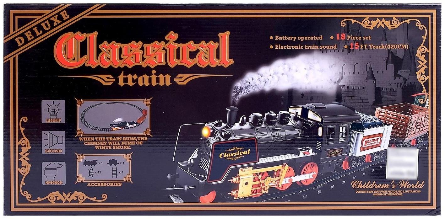 Железная дорога «Классический паровоз», 18 деталей, световые и звуковые эффекты, с дымом, работает от батареек, длина пути 420 см