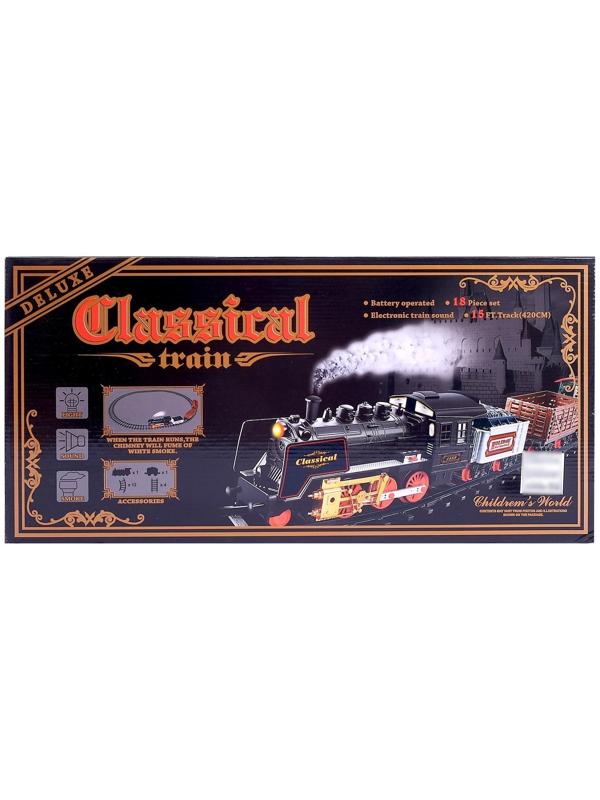 Железная дорога «Классический паровоз», 18 деталей, световые и звуковые эффекты, с дымом, работает от батареек, длина пути 420 см