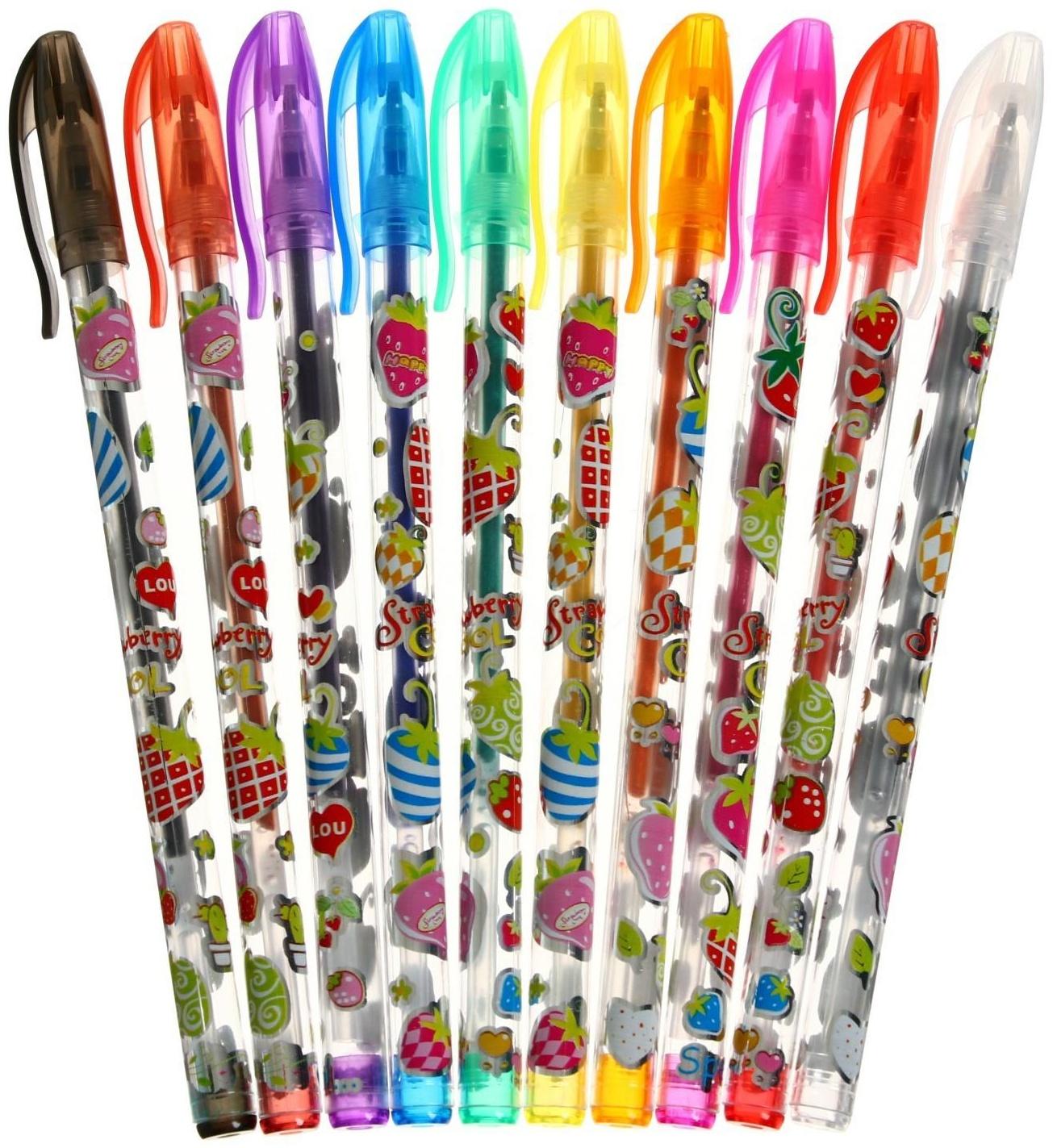 Набор гелевых ручек, 10 цветов, металлик, корпус с рисунком, в блистере на кнопке