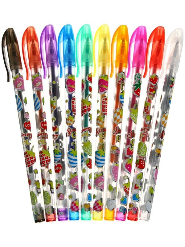 Набор гелевых ручек, 10 цветов, металлик, корпус с рисунком, в блистере на кнопке