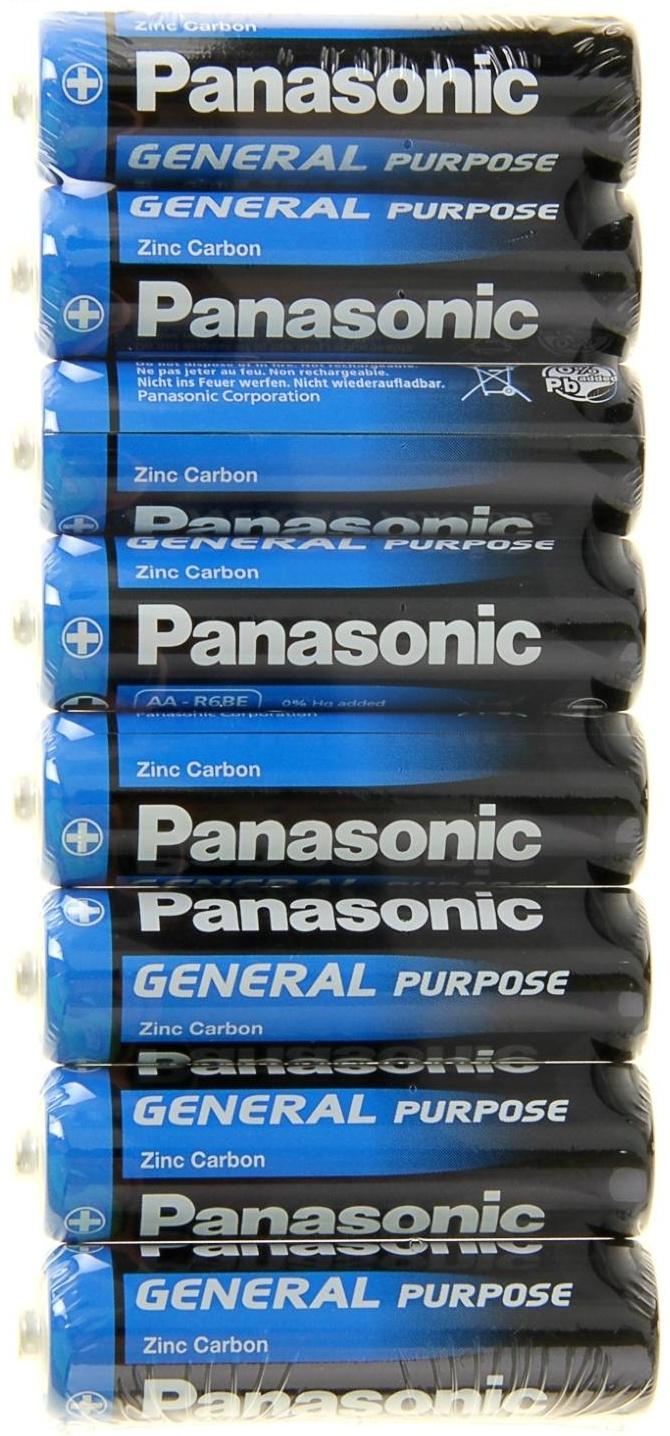 Батарейка солевая Panasonic General Purpose, AA, R6-8S, 1.5В, спайка, 8 шт.