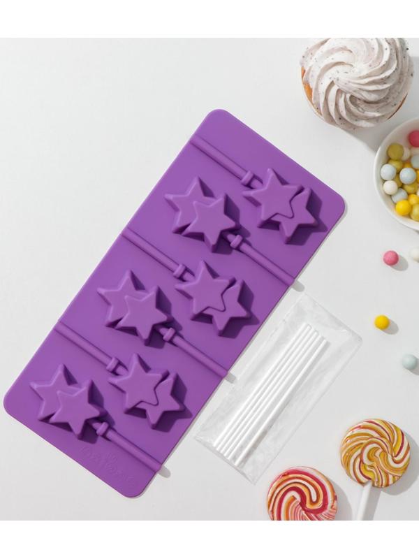 Форма для леденцов Доляна «Звёзды», 9,5×24 см, 6 ячеек, палочки в комплекте, цвет МИКС