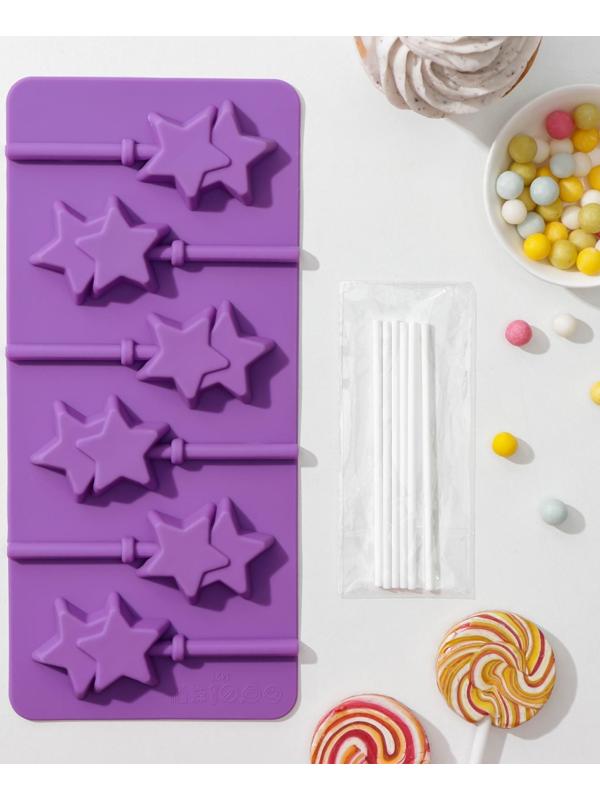 Форма для леденцов Доляна «Звёзды», 9,5×24 см, 6 ячеек, палочки в комплекте, цвет МИКС